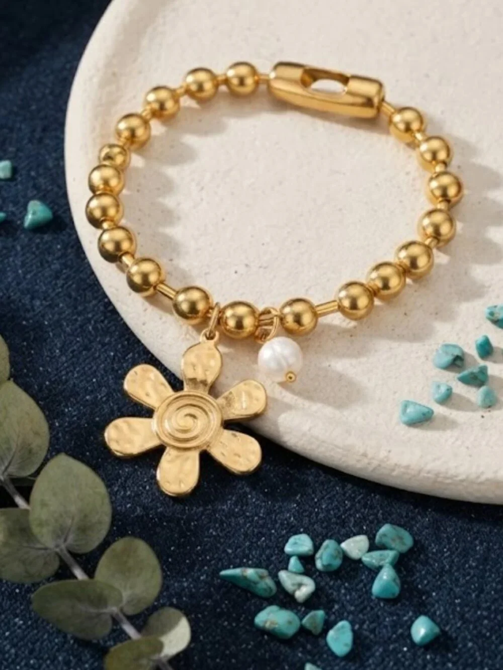 Gold Bead Bracelet Hammered Flower Charm Pearl Chunky Stretch 24K Plated Steel